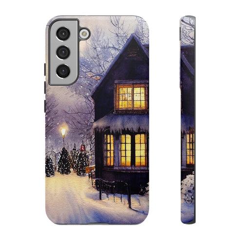 Glowing Homes in the Snow with Christmas Decorations - Impact Resistant Phone Case Samsung Galaxy S22 Plus Matte